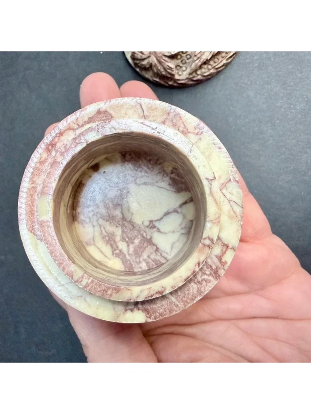 Vintage Hand Carved Soapstone Round Trinket Box Floral Leaf Boho Jewelry